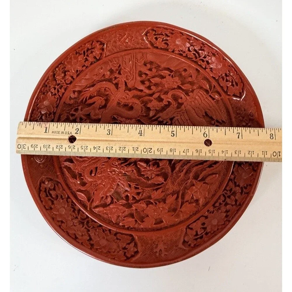 Vtg Chinese Red Carved Lacquer Plate DragonPhoenix National Palace Museum Taiwan